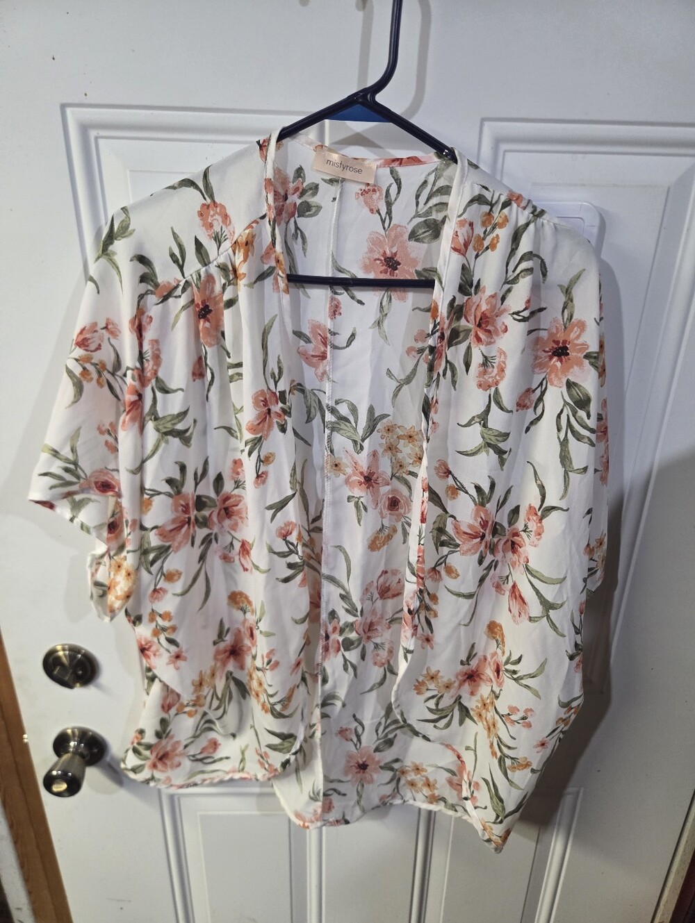 Floral Open-Front Kimono - White with Pink Floral Print